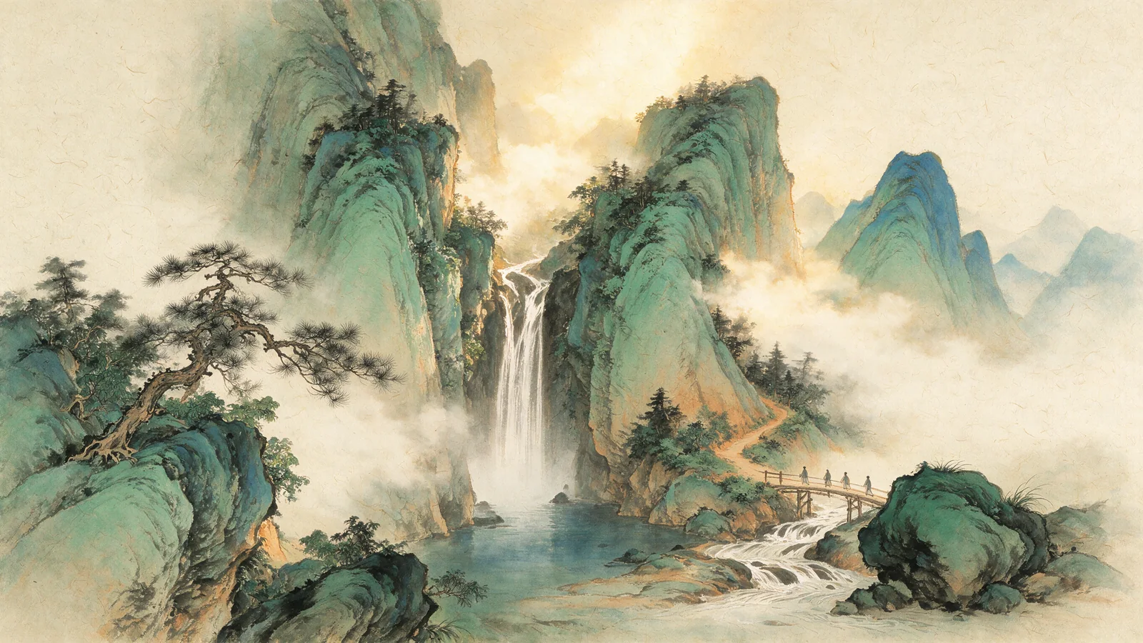 示意插画：青绿夏山·飞瀑
